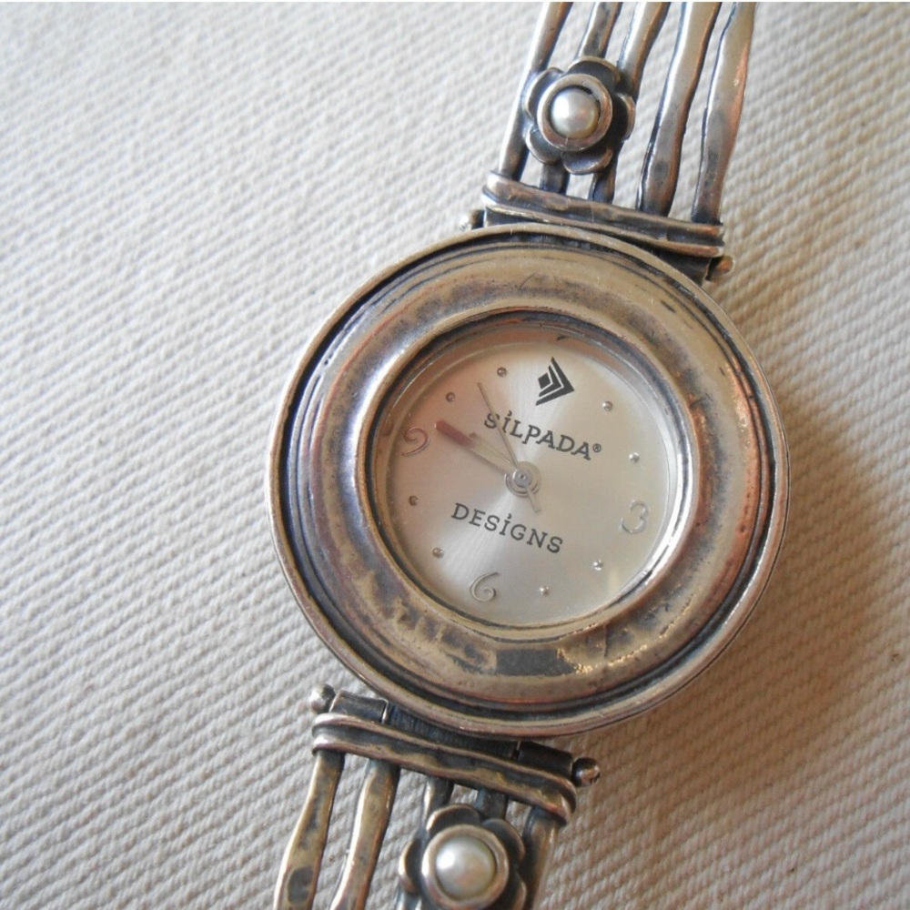 Silpada Watch Sterling and Pearl Rare Vintage Retired T1315 Hammered Silver - Picture 7 of 10
